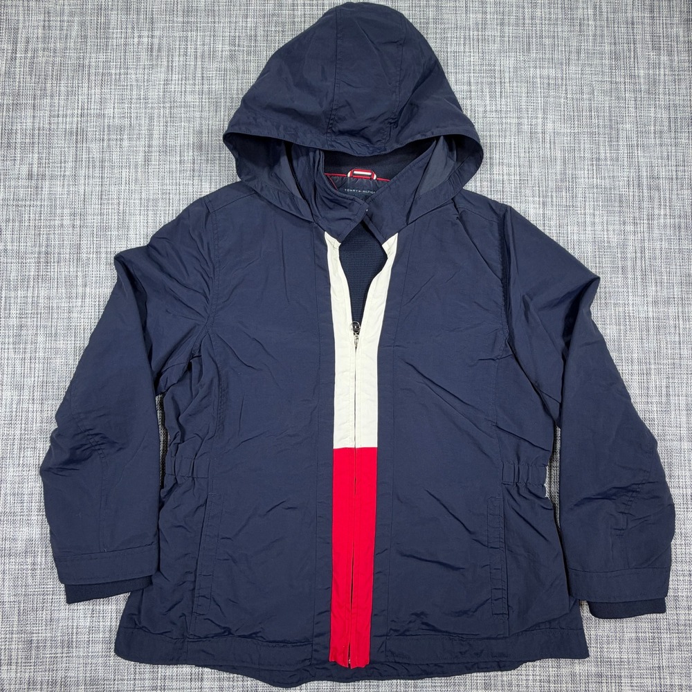 Tommy Hilfiger Womens XXL Navy Nylon Hooded Windbreaker Jacket Red White Trim